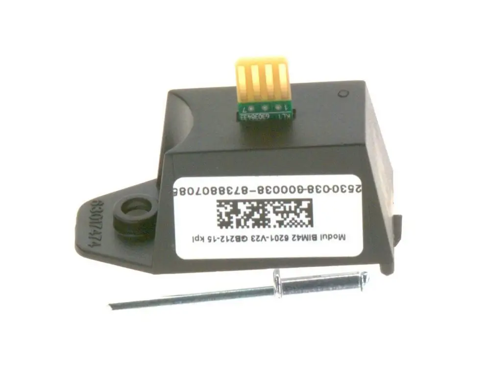Schwarzes Bosch-Modul mit Steckverbindung und QR-Code auf der Vorderseite, daneben eine Metallstange. Das Modul hat eine rechteckige Form und eine montierbare Halterung.